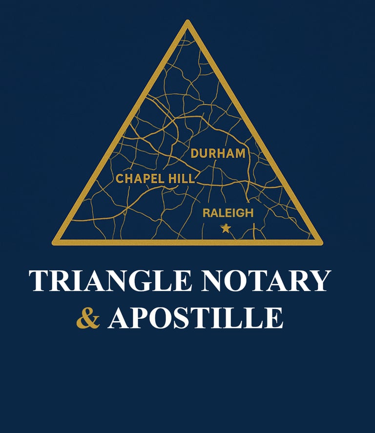 Triangle Notary & Apostille logo with gold triangle map of Raleigh, Durham, and Chapel Hill.