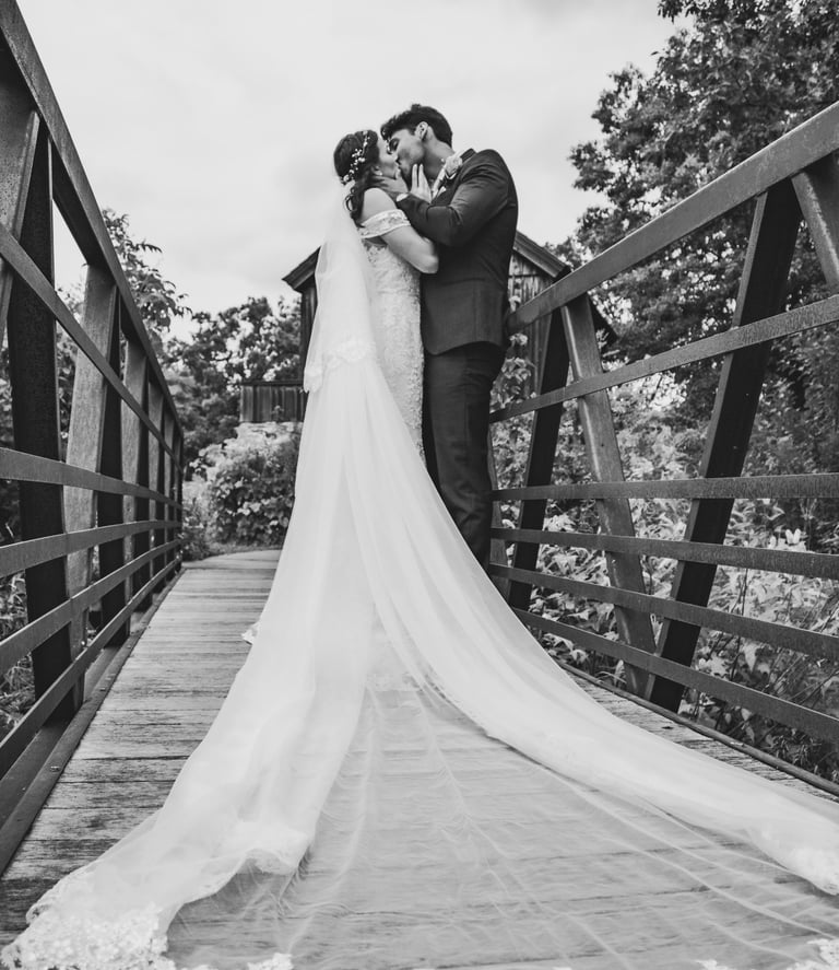 black and white bride and groom portrait, full length cathedral veil