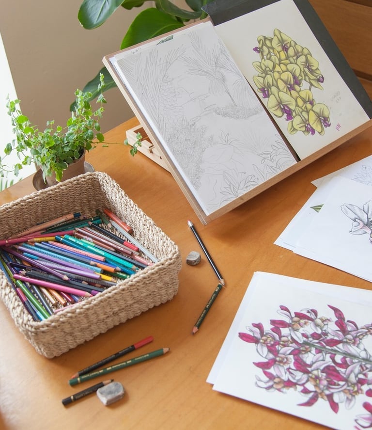 A desk with pencils and hand-drawn floral illustrations