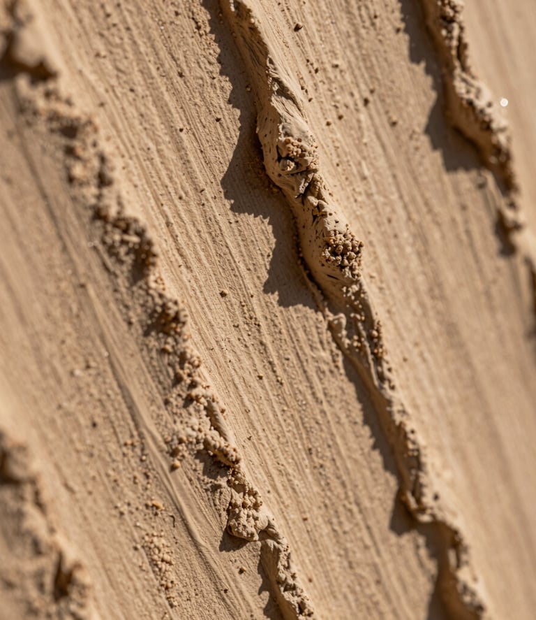 An extreme macro shot showing the physical thickness and heavy-body plaster texture of a canvas, with natural side-lighting casting soft shadows across raw ochre mineral pigment.