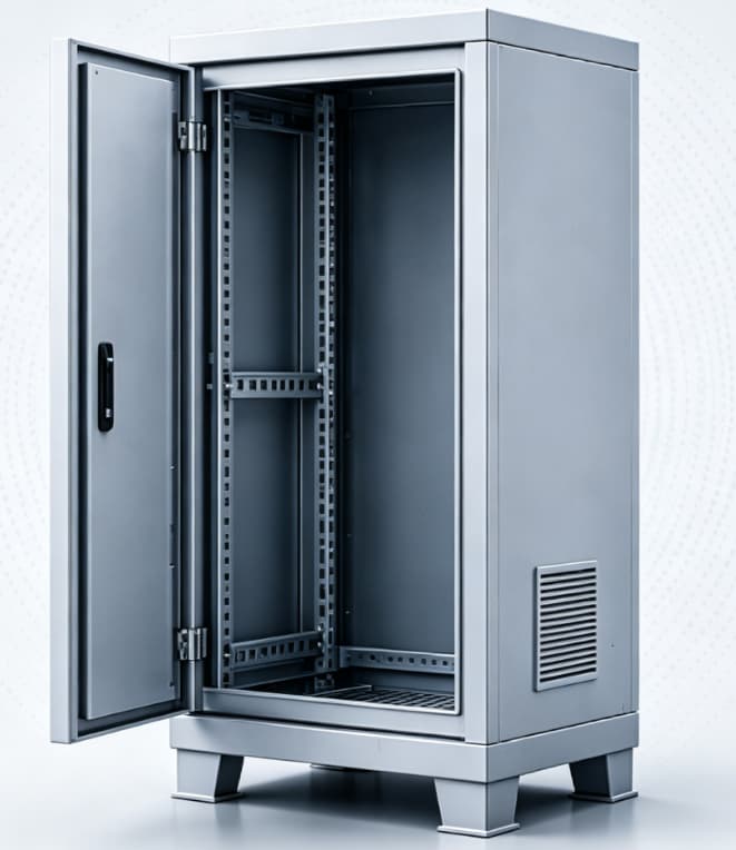 Durable silver floor-standing industrial server rack cabinet with open front door and internal rails.