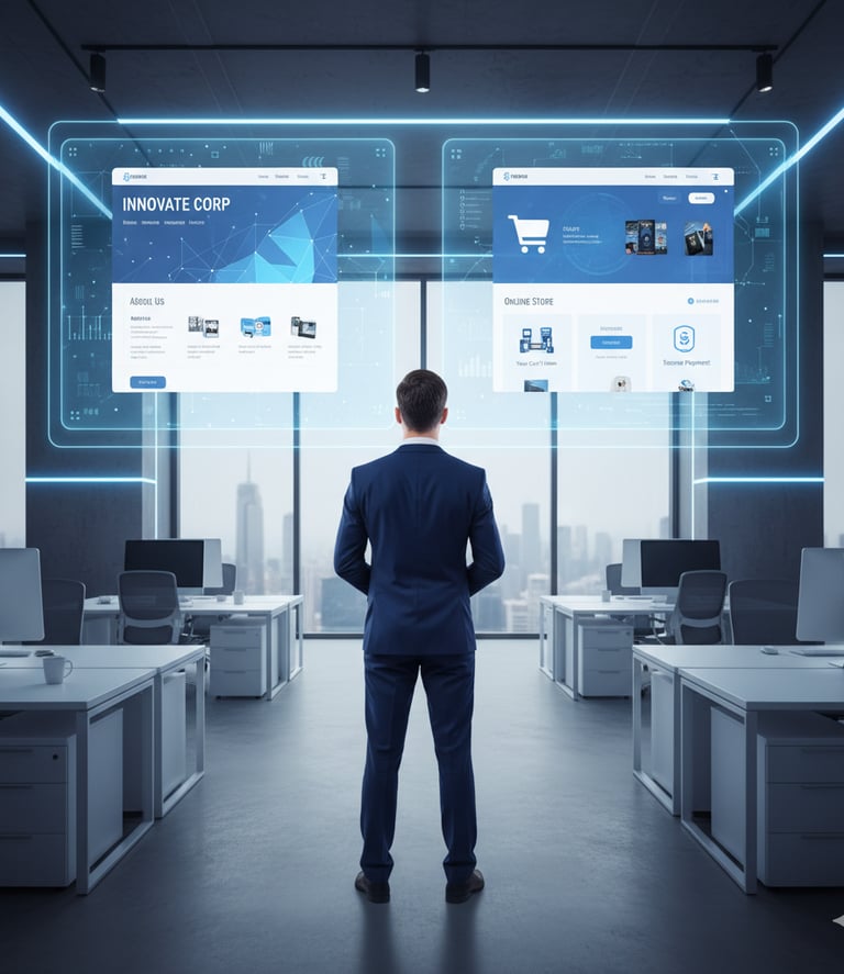 Pebisnis menatap dua layar besar, satu menampilkan situs web perusahaan, satu lagi situs e-commerce.