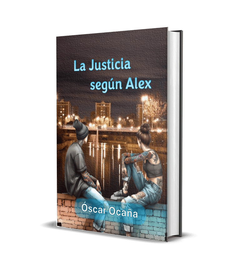 Portada en 3D de la novela juvenil 'La Justicia según Álex' de Óscar Ocaña Parrón. Dos adolescentes miran el lago de Loranca