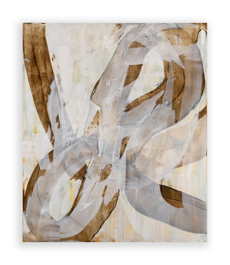 Abstract wall art with expressive brown and white brushstrokes on a neutral canvas background.