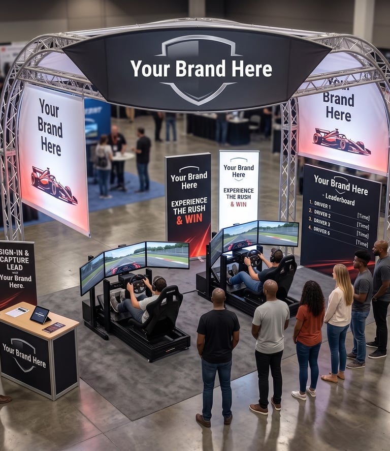Branded sim racing experiential marketing booth at a trade with custom branding & lead generation