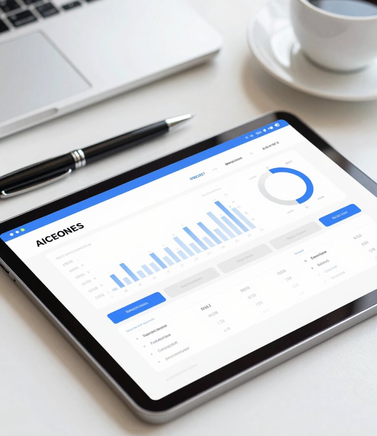 A close-up of a professional desk with a tablet displaying a financial planning application, a pen, and a warm cup of coffee. The lighting is bright and airy, incorporating brand colors #B8D3E7 and #F4F7F9 to evoke a sense of organized, approachable financial strategy.