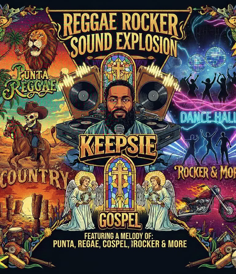 Reggae Rocker Sound Explosion poster featuring a DJ, lions, angels, and dance hall scenes for diverse music genres.