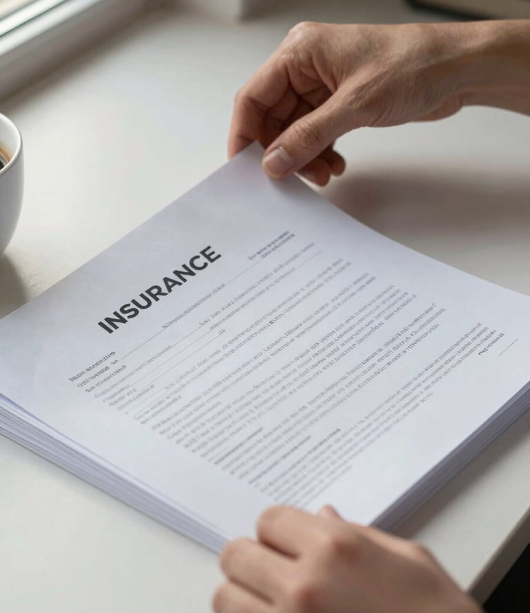 Close-up of hands turning pages of a multi-page insurance contract on a light-toned desk, a cup of coffee partially visible to the side, soft window light from the left casting gentle shadows across the documents