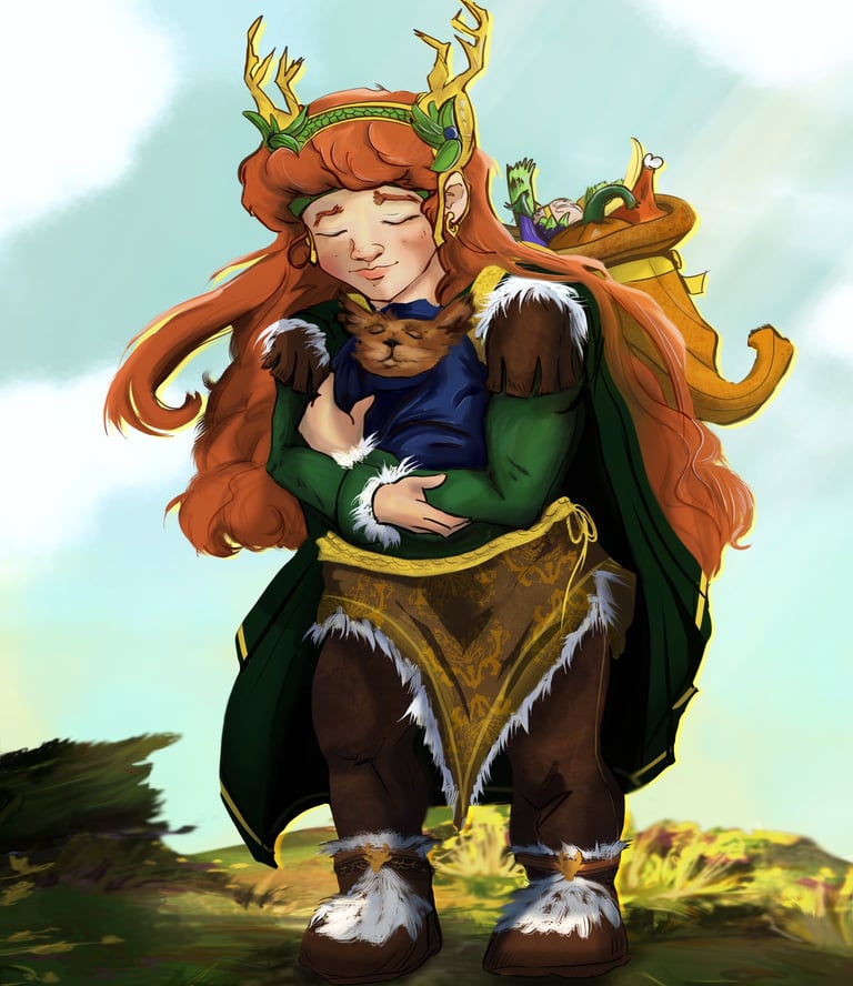 female dwarf with pet and food theme grateful