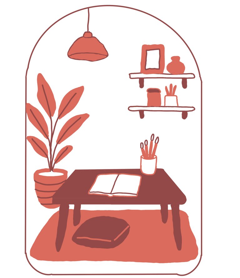 illustration d’un petit espace créatif avec table, carnet, plantes et étagères
