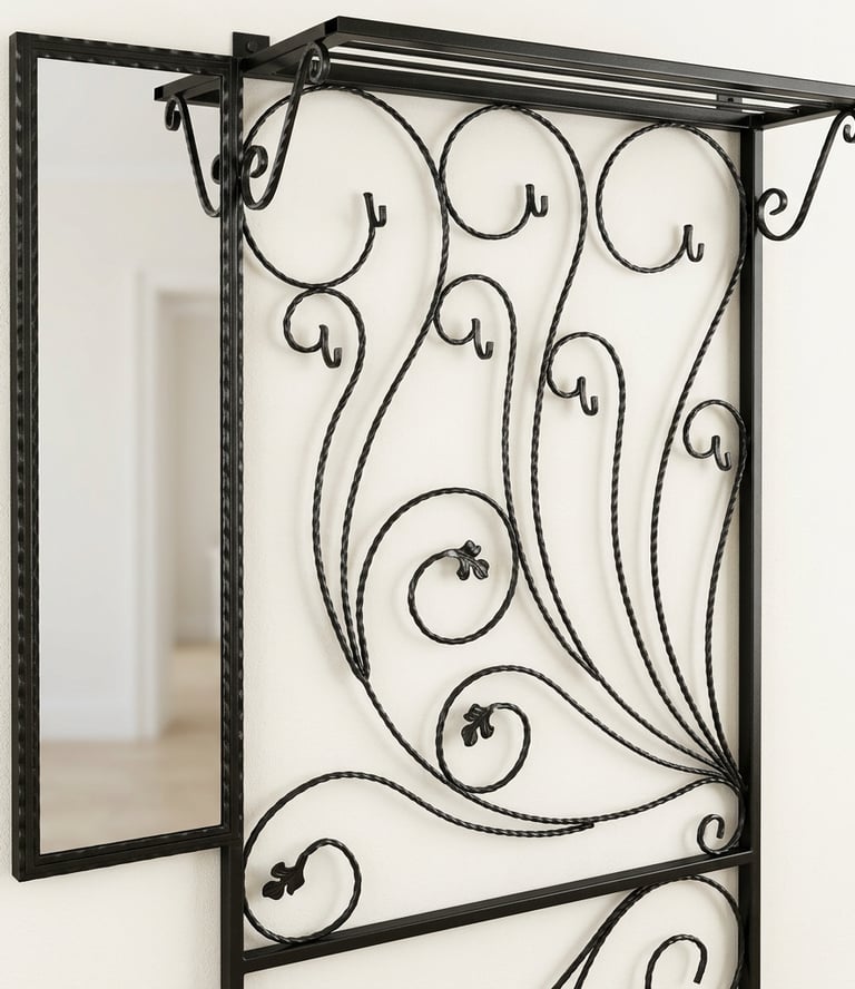 Black wrought iron wall-mounted coat rack with scrollwork, hooks, shelf, and a mirror.