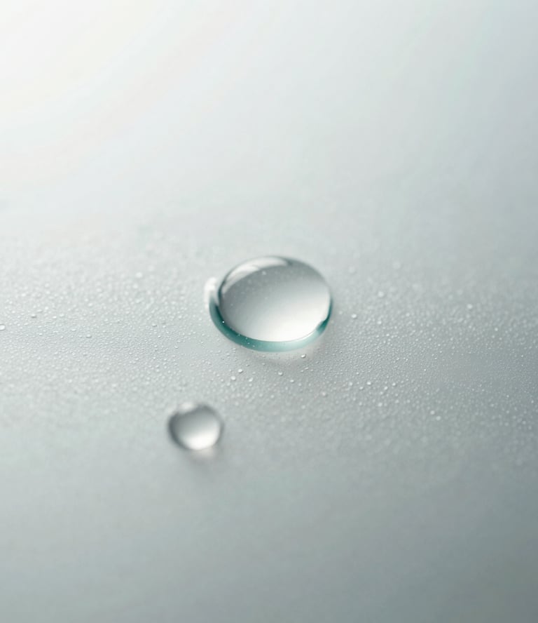 Abstract close-up of a sparkling clean glass surface with a few clear water droplets reflecting bright light. Minimalist, high-key lighting style. Palette includes whites, soft grays, and subtle teals.