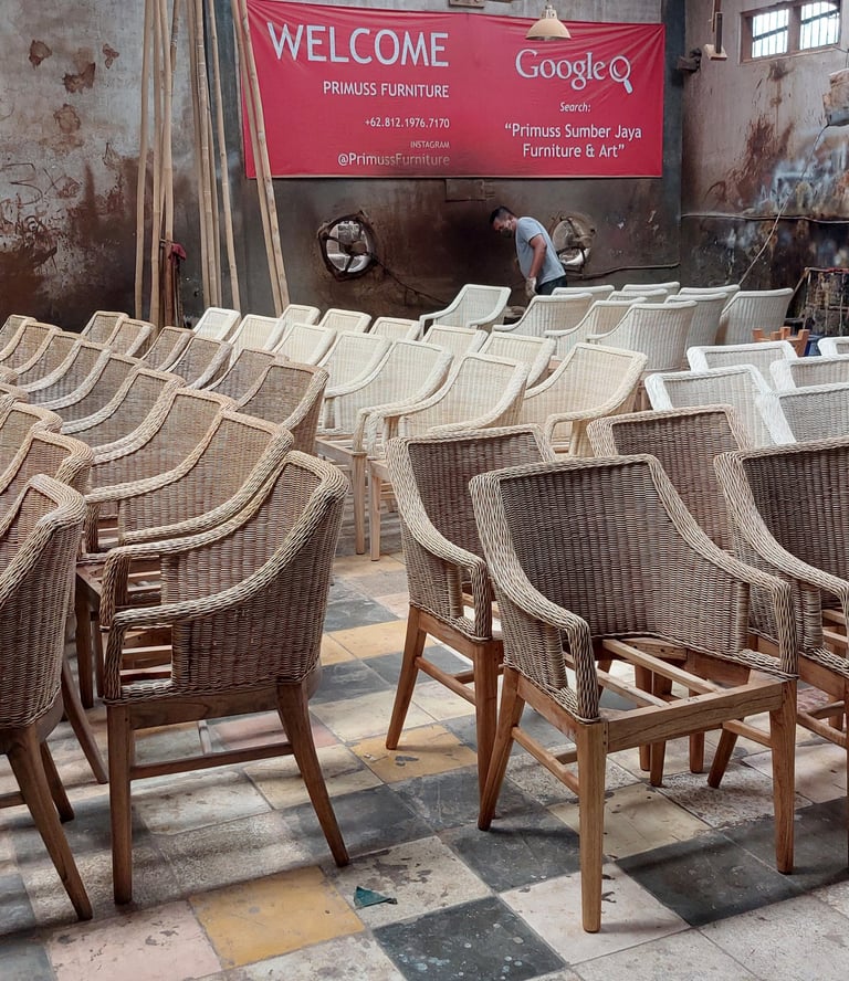 Rattan chair made by Primuss Furniture in finishing process ordered by a hotel in Barcelona, Spain