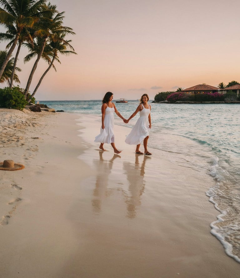 Two women in white dresses holding hands while walking along a tropical beach at sunset.