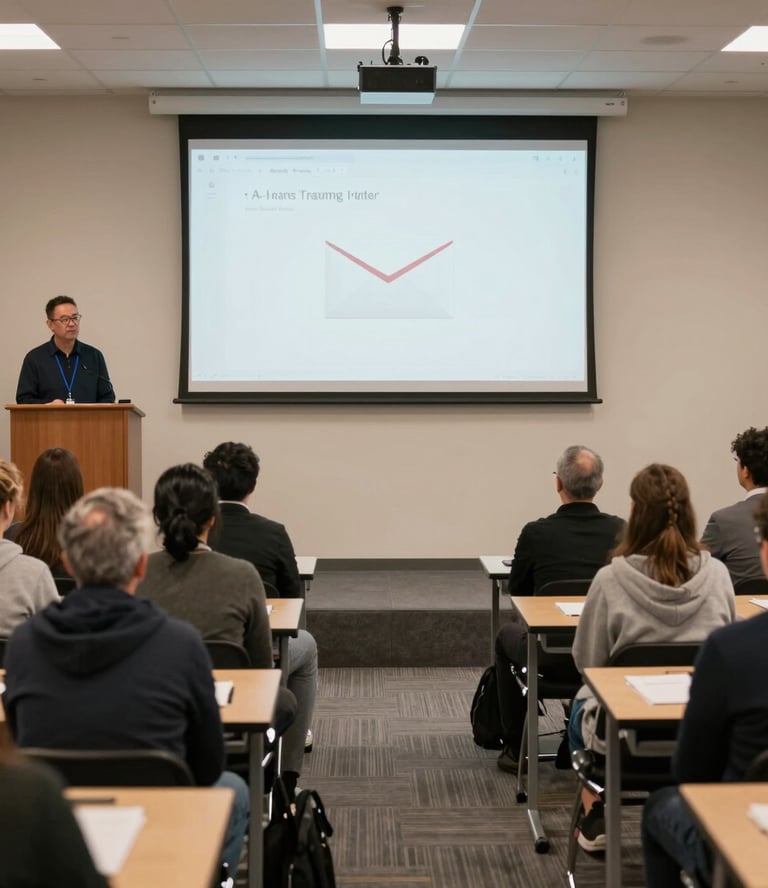 A professional trainer leading a virtual cybersecurity workshop with engaged participants.