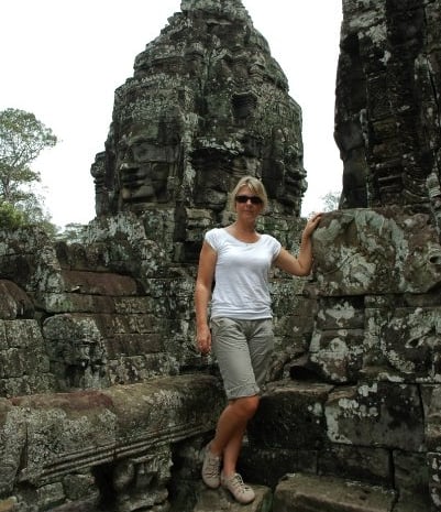 Tracey Billington at the Temple of Bayon Angkor, Siem Reap, Cambodia