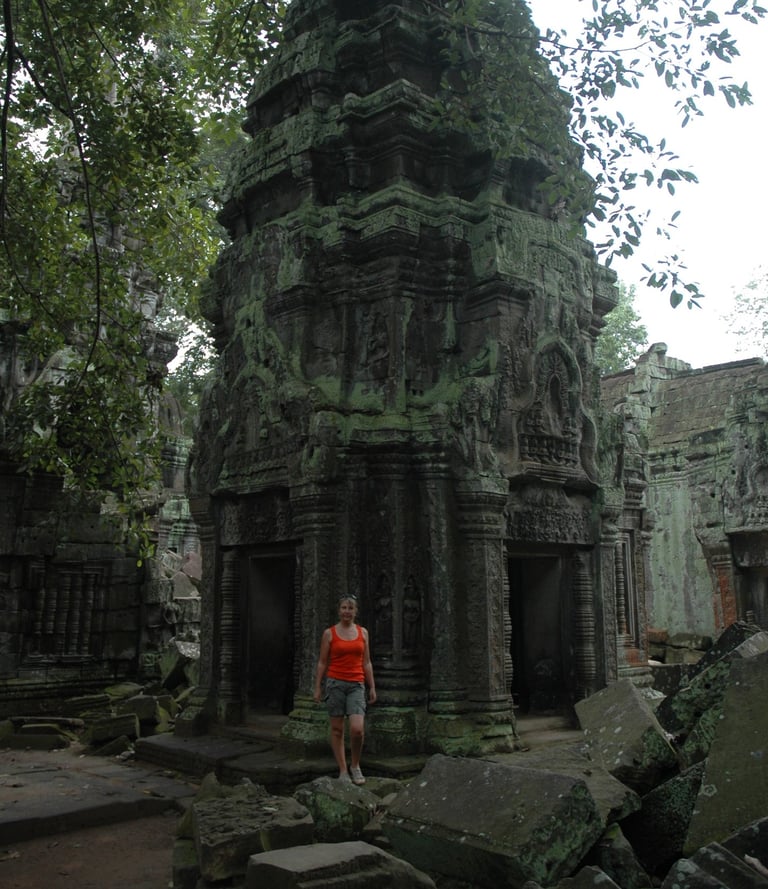 Tracey Billington at Ta Prohm, the Tomb Raider Temple, Angkor Wat, Siem Reap, Cambodia