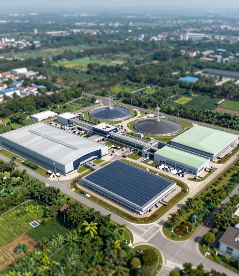 Aerial view of a modern, eco-friendly waste processing facility integrated into a lush green landscape, showing sophisticated architecture and solar arrays, incorporating #1B3A32 and #F0F4EF.