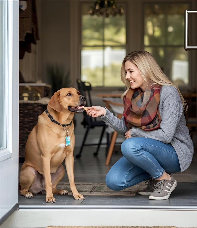 Dog walker from Happy Paws Burlington meeting a shy rescue dog for the first time