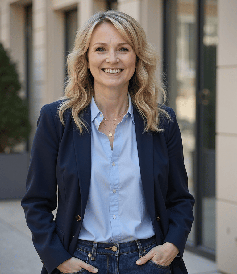 Gina Danford in a blue shirt and jeans standing in front of a building