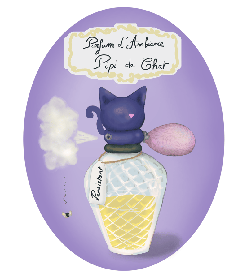 dessin humoristique d'une bouteille de parfum contenant du pipi de chat