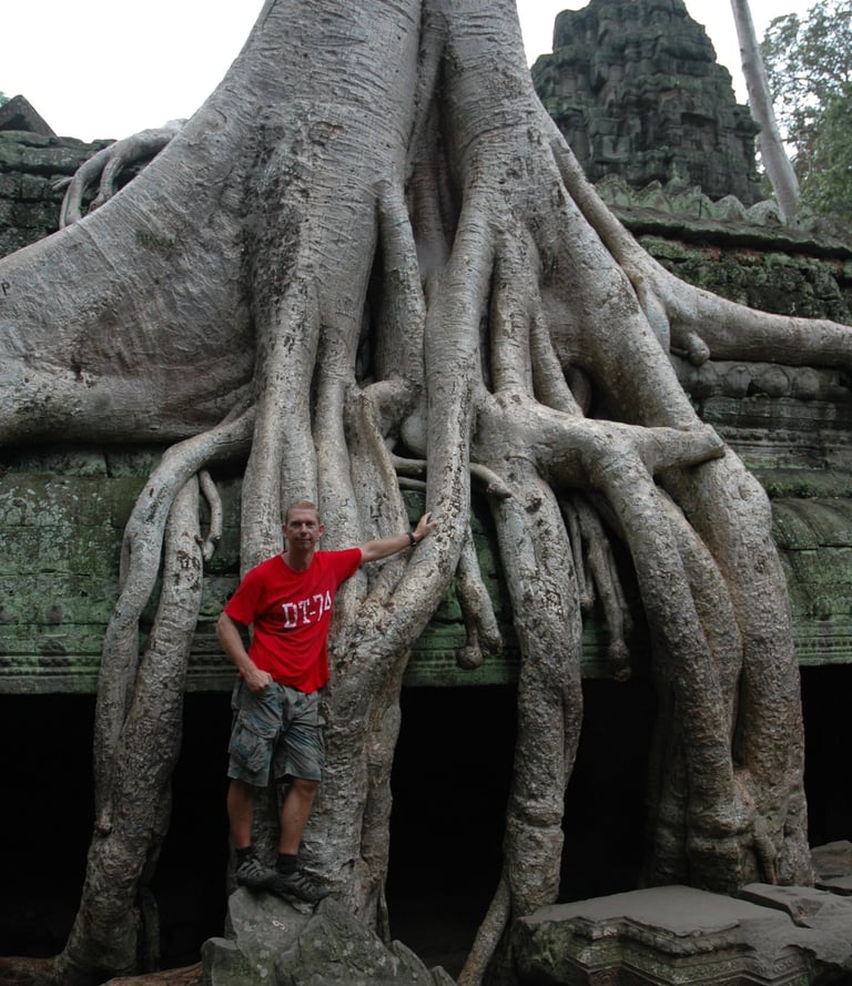 Nick Billington at Ta Prohm, the Tomb Raider Temple, Angkor Wat, Siem Reap, Cambodia
