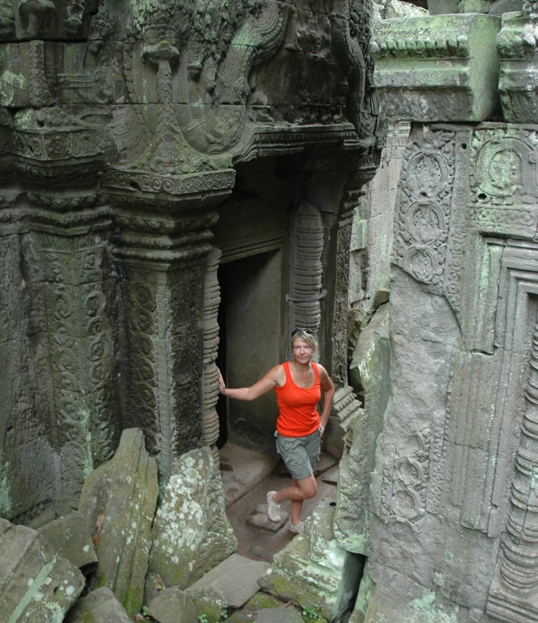 Tracey Billington at Ta Prohm, the Tomb Raider Temple, Angkor Wat, Siem Reap, Cambodia