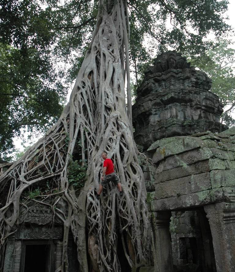 Nick Billington at Ta Prohm, the Tomb Raider Temple, Angkor Wat, Siem Reap, Cambodia
