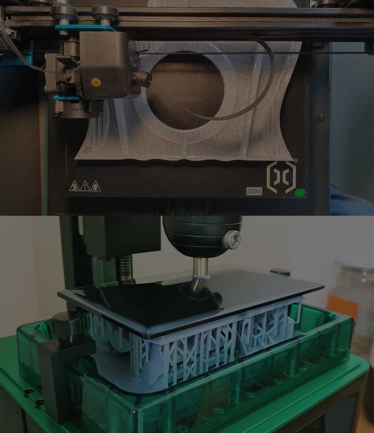 A dual view showing an FDM 3D printer nozzle extruding filament and a resin printer creating a detailed gray part.