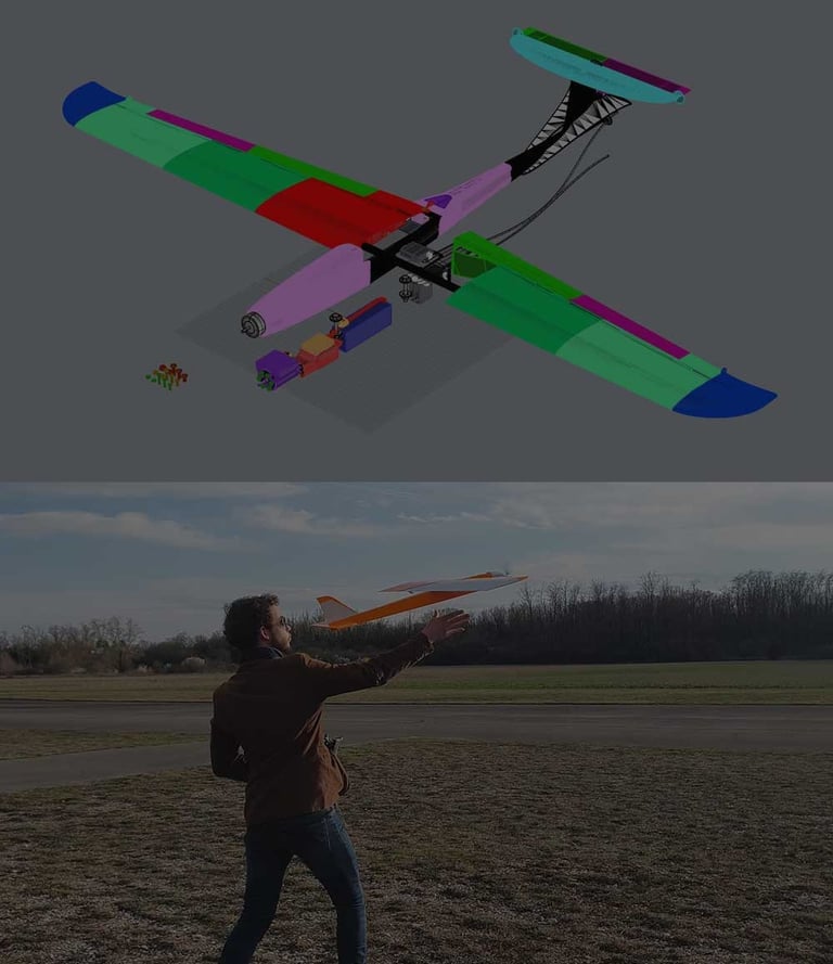 A person hand-launching a custom 3D printed RC glider airplane in an open field.