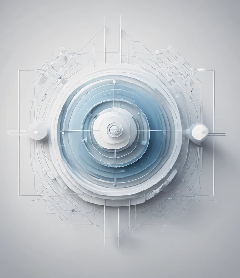 Minimalist white and blue 3D geometric circular diagram with futuristic technical design elements.