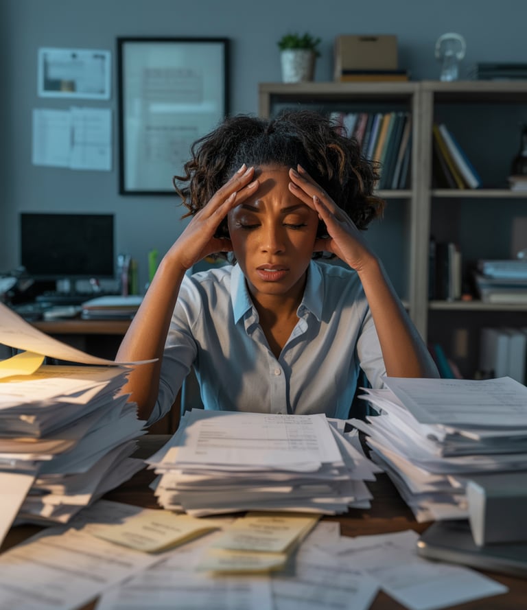 a woman sitting at a desk with stacks of papers and papers