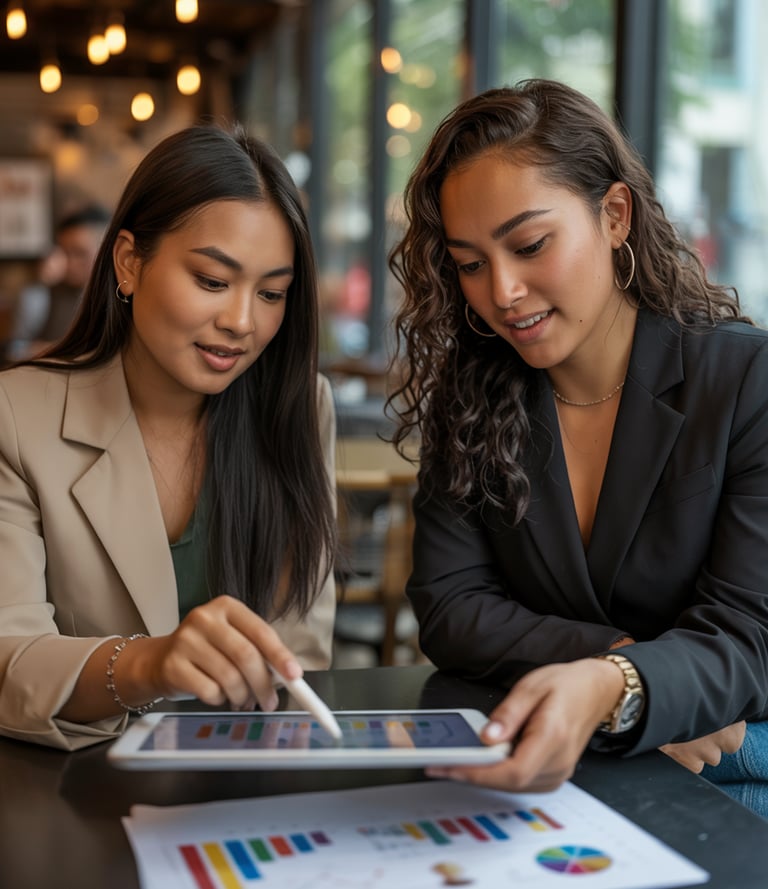 two women sitting at a table with papers and papers