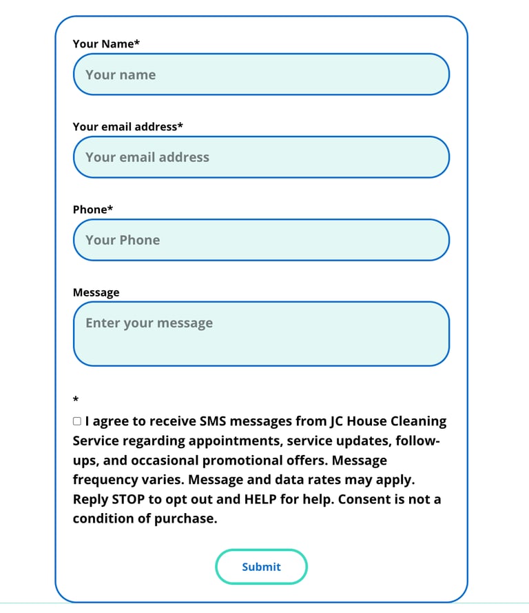 Online contact form for JC House Cleaning Service with name, email, phone, and message fields.
