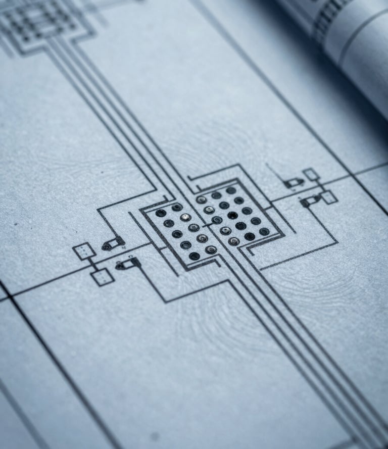 Macro shot of a highly detailed electrical blueprint schematic, cool blue and slate tones, technical CAD line art, sharp focus on engineering details