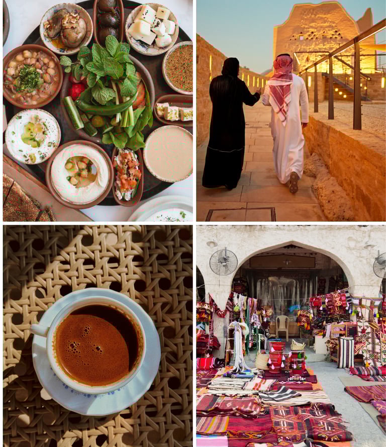 Rich Saudi culture, including food and coffee, Saudi markets and Saudi couple walking.