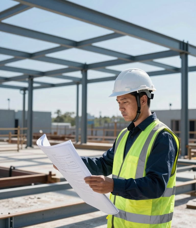 A construction superintendent in a hard hat and safety vest reviewing blueprints on an active commercial job site, structural steel in the background, harsh midday sun, high-contrast cool blue and safety green tones, sharp detail, 35mm lens