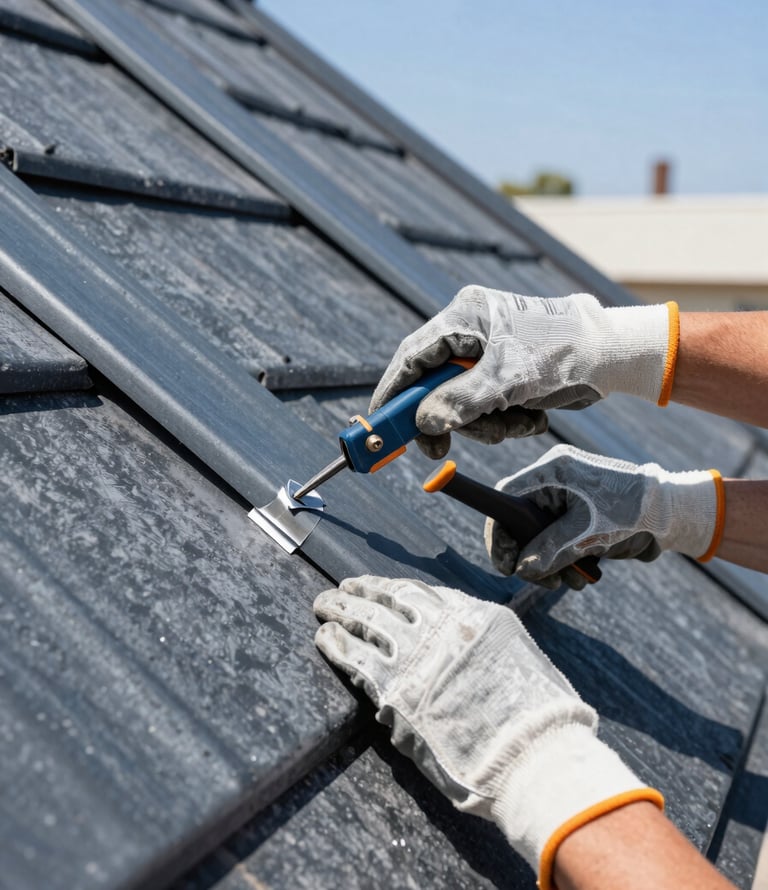 Close-up of a roofer's hands installing metal flashing with precision tools on a steep roof pitch, bright California sunlight, sharp focus on the detail, clean branded gloves.