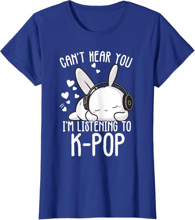Kpop Rabbit T-shirt with bunny wearing headphones and listening to K-pop music