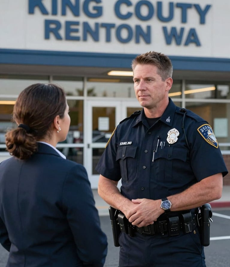 Portrait of a uniformed King County Security Guard officer engaging respectfully with a property manager in front of a commercial building in Renton, WA, crisp daylight.
