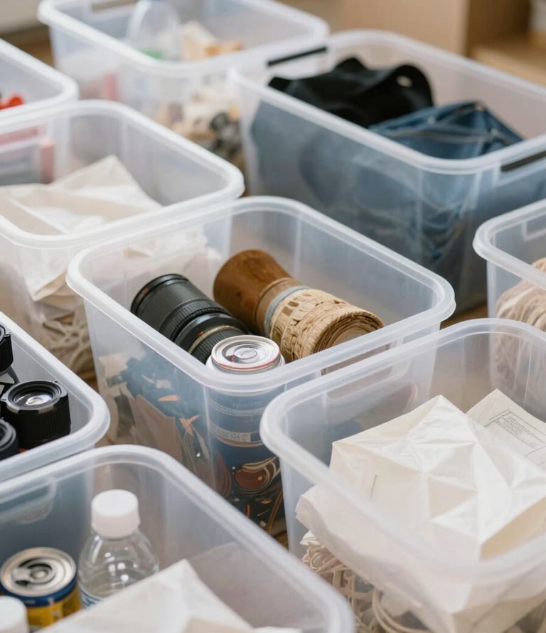 Close-up of neatly sorted items in clear bins, ready for recycling or donation, bright natural daylight, clean editorial photography, organized spaces, warm minimal aesthetic, 35mm lens