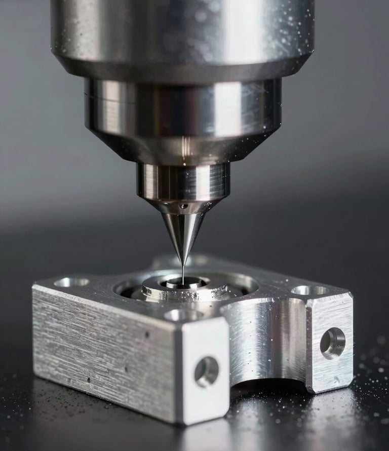 Extreme macro close-up of a CNC milling head cutting a precision aluminum mounting bracket, cool high-contrast industrial studio lighting with sharp metallic highlights, crisp depth of field, silver and black tones.