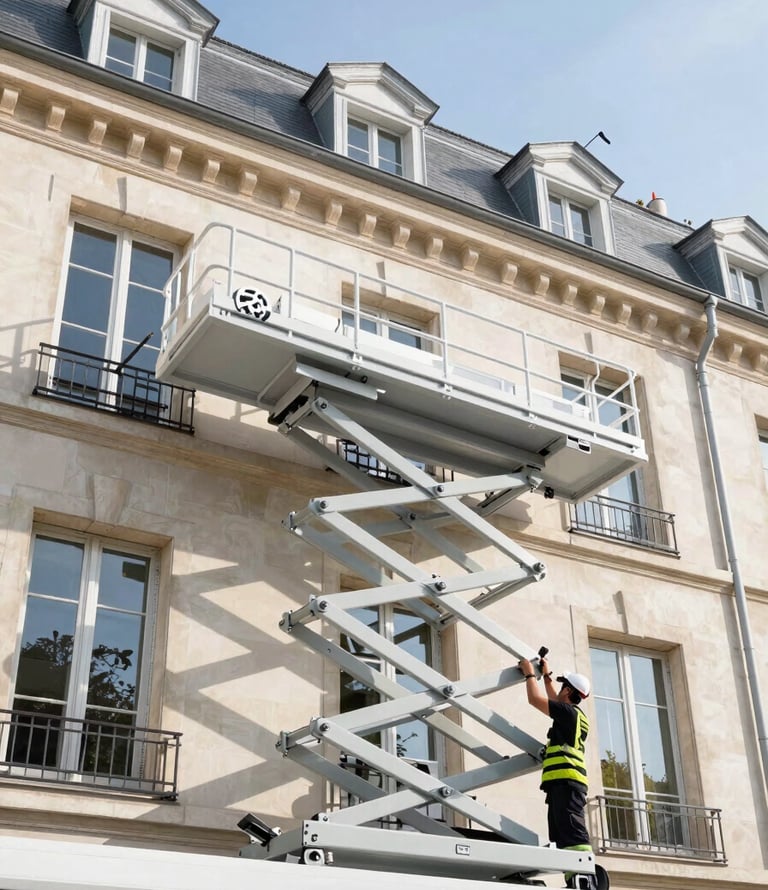 Low-angle shot of a professional furniture lift extended to a third-floor Parisian window, a certified operator in high-visibility gear adjusting the secure base controls under bright daylight.