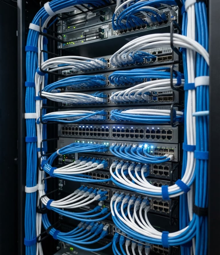 Professional close-up of high-quality server rack cabling, clean blue and white tones, sharp details, bright technical light