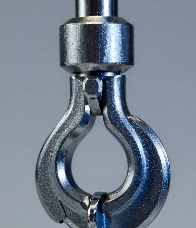 Close-up macro shot of a machined steel rotary hook assembly, sharp metallic reflections, cool gray and deep blue tones, high-contrast industrial studio light