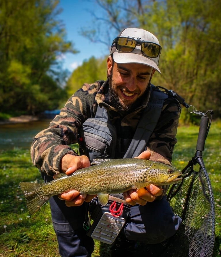 Guía de pesca con trucha en la mano pescada en el río Porma en León