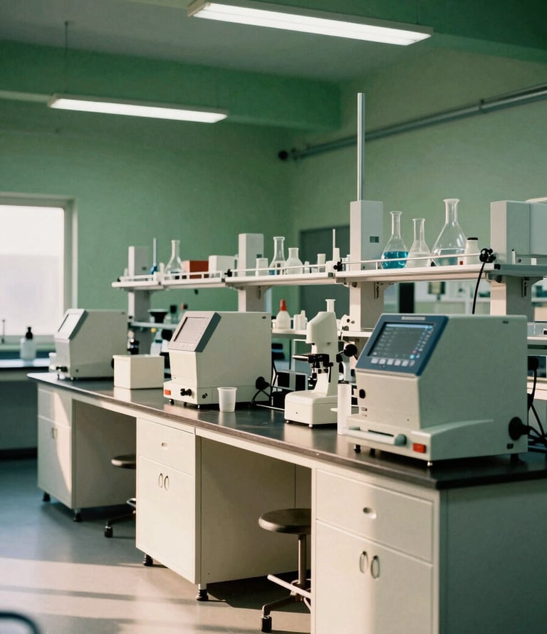 Wide shot of a modern chemical laboratory with precise testing equipment, cool-toned industrial light, stainless steel surfaces, clean industrial photography, bright natural daylight, forest green and warm ivory tones, sharp focus, 35mm