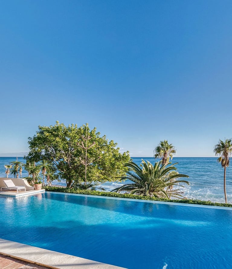 Expansive beachfront infinity pool framed by palms and blue horizon