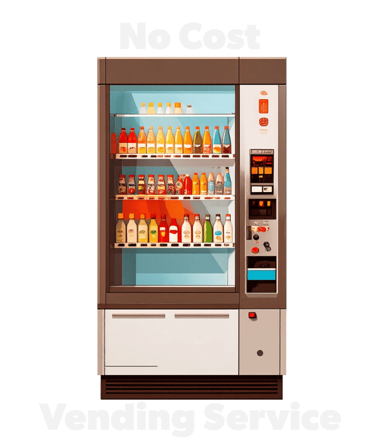 No cost vending service machine stocked with various glass bottled beverages and snacks on display.