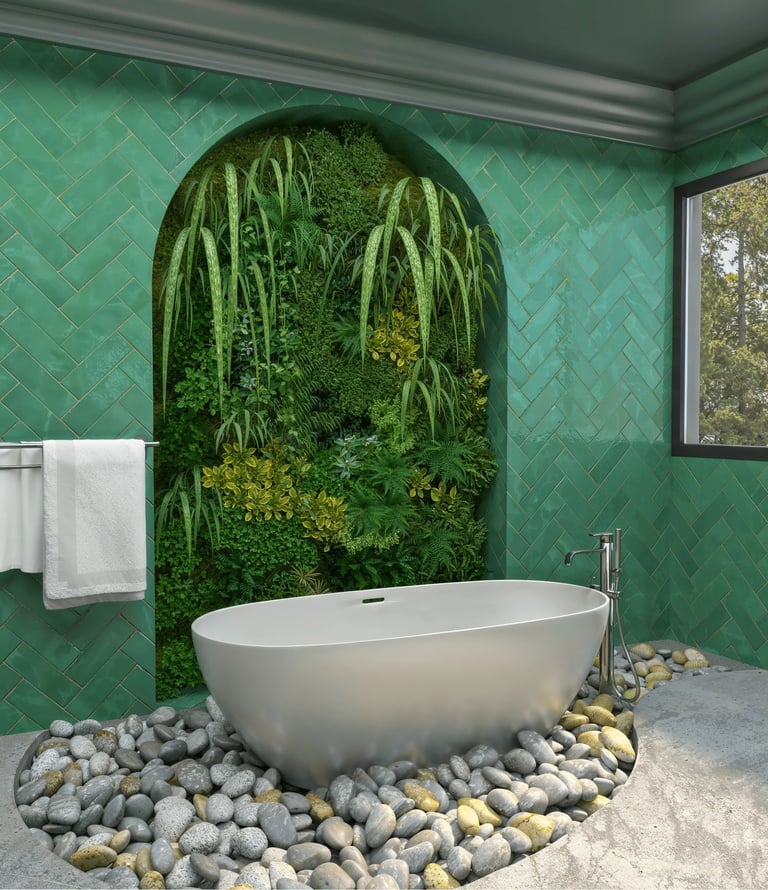 Salle de bain nature avec baignoire sur lit de galets, agence Nina Poma Studio.